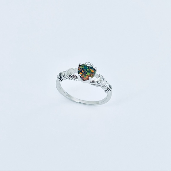 Sterling Silver Black Lab Opal Heart Claddagh Ring, Irish Rings, Crown Hearts - Picture 9 of 14